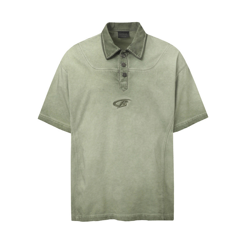Stone Washed T shirt Vintage Washed Polo Shirt Lapel Short Sleeve Shirt