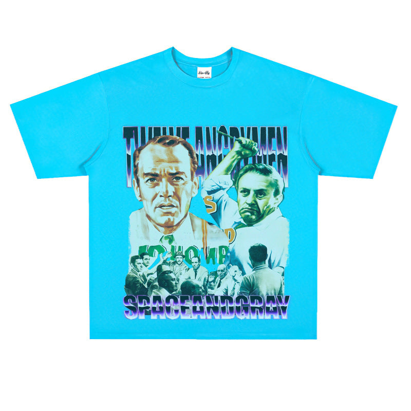 Film Star T Shirt Loose Retro Street Cotton Personality round Neck Print T-shirt