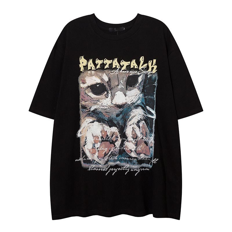 Vintage Usa Shirt Kitten Print Crew Neck Short Sleeve T-Shirt Loose Casual Top