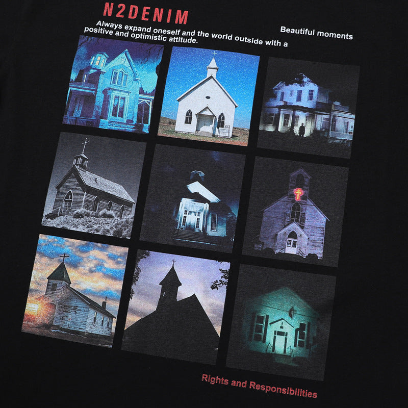 Stone Wash T shirt Building Print Short Sleeve T-Shirt