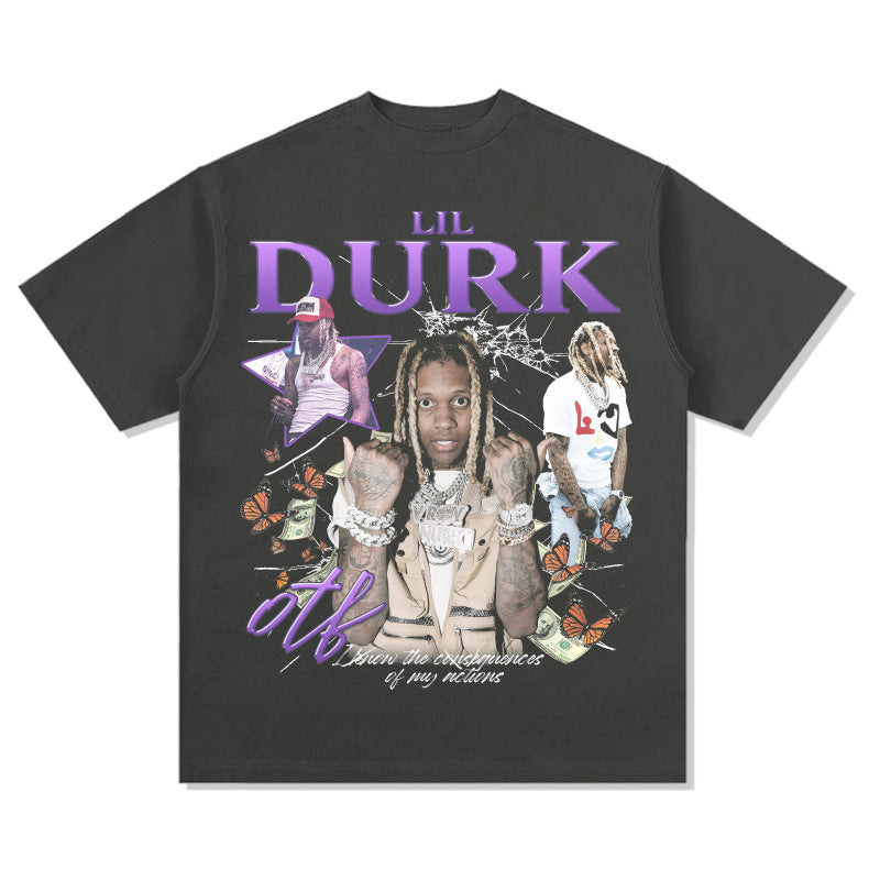 Streetwear masculino vintage hip hop lil durk print short sleeve t-shirt vintage