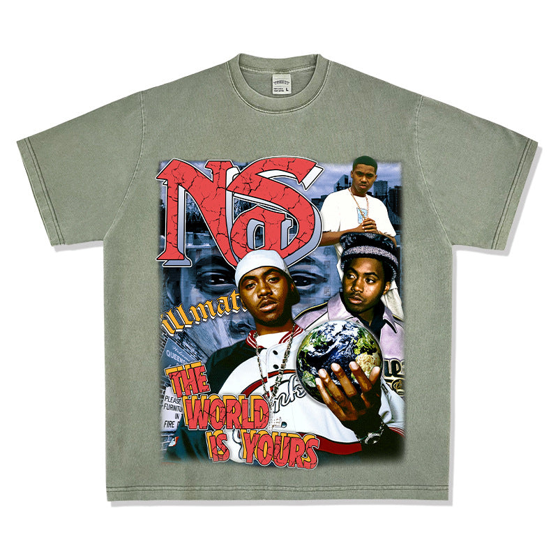 Streetwear masculino vintage hip hop nas print short sleeve t-shirt vintage