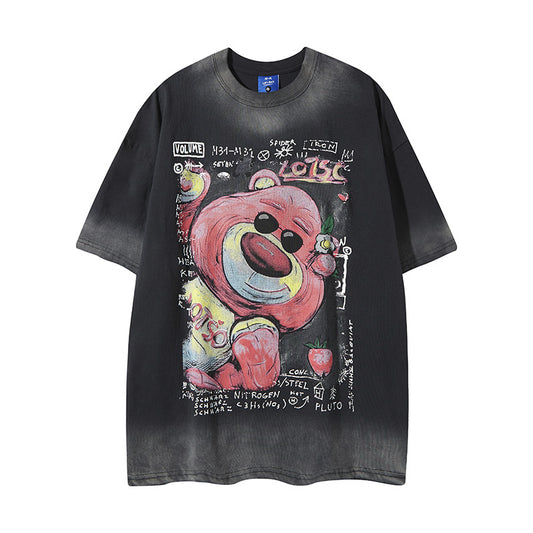 Nyc T Shirt Vintage Strawberry Bear Print Short Sleeve T-Shirt Summer Loose Casual Top