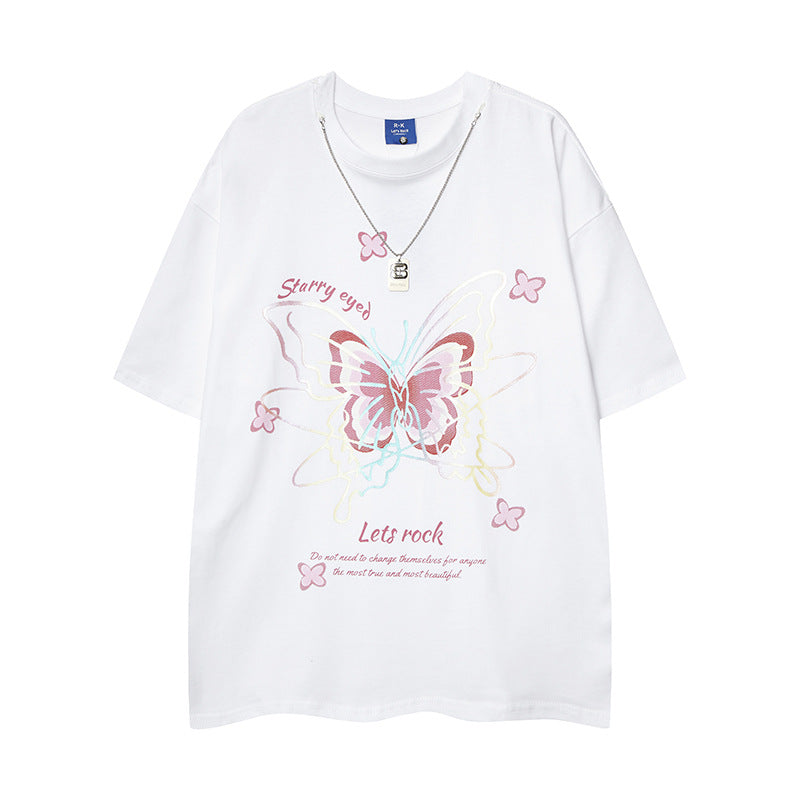 Casual Street Wear Summer Short Sleeve T-Shirt Butterfly Pendant Necklace Loose