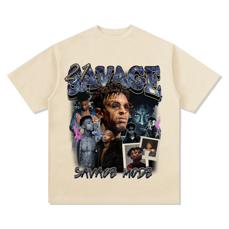 Streetwear masculino vintage hip hop 21 savage print short sleeve t-shirt