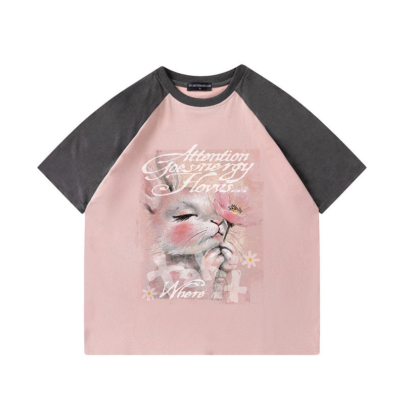 US drip outfits Summer Vintage Bunny Pattern Casual Loose Short Sleeve T-Shirts