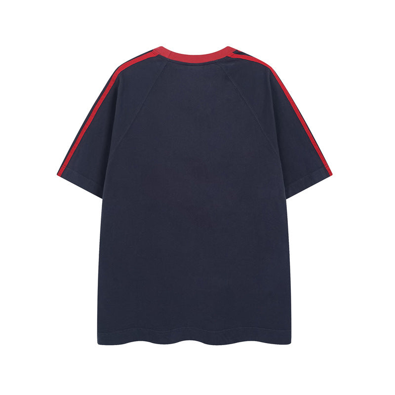 Y2K mens shirt retro round neck splicing men's short-sleeved T-shirt