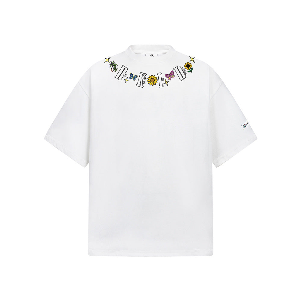 Nostalgia T Shirts Vintage Necklace Butterfly Embroidery Pattern Short Sleeve T-Shirt