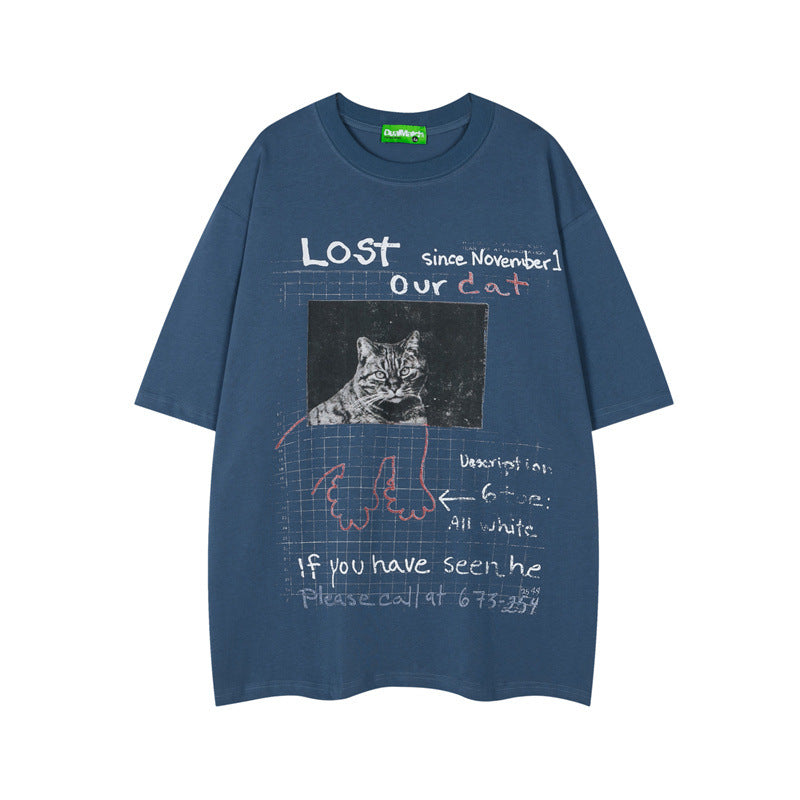 Hip Hop Shirts For Boys Vintage Cat Head Print Crew Neck Short Sleeve T-Shirt Summer Loose Casual Top