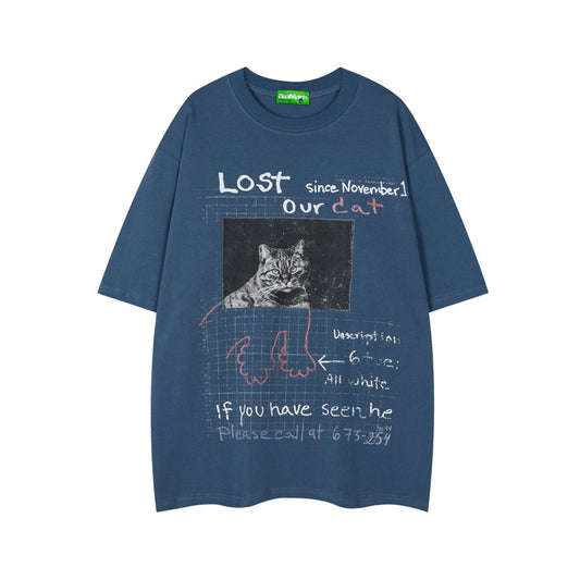 Hip Hop Shirts For Boys Vintage Cat Head Print Crew Neck Short Sleeve T-Shirt Summer Loose Casual Top