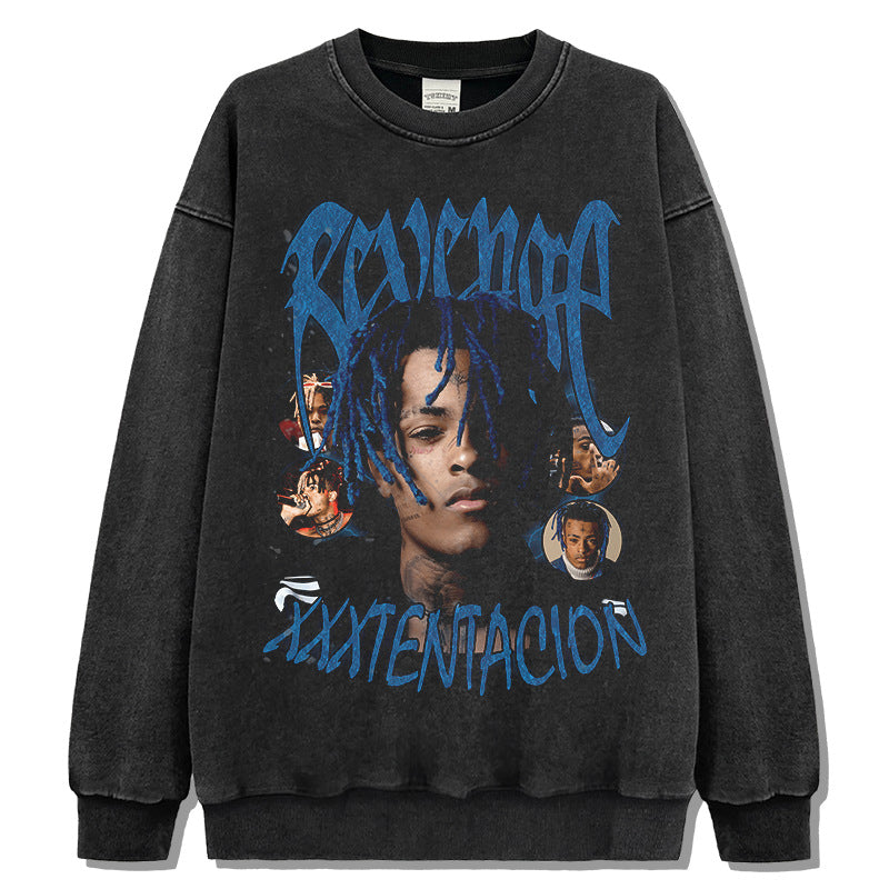 Streetwear masculino hip hop XXX Tentacion vintage print crew neck sweater