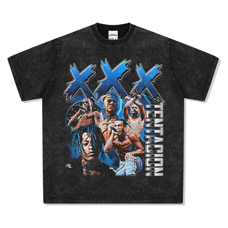 Streetwear masculino vintage hip hop rap XXX Tentacion print short sleeve t-shirt