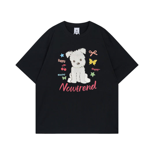 USA Vintage T-Shirt Towel Embroidery Puppy Letter Print Male Summer Loose