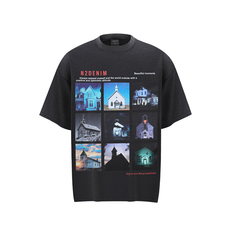 Stone Wash T shirt Building Print Short Sleeve T-Shirt