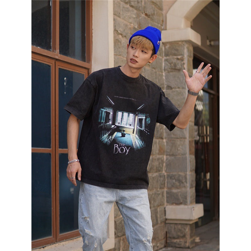 Film Star T Shirt Movie Spirit Doll Contract Pure Cotton Loose Nostalgic Short Sleeve Trendy Heavy T-shirt for Men