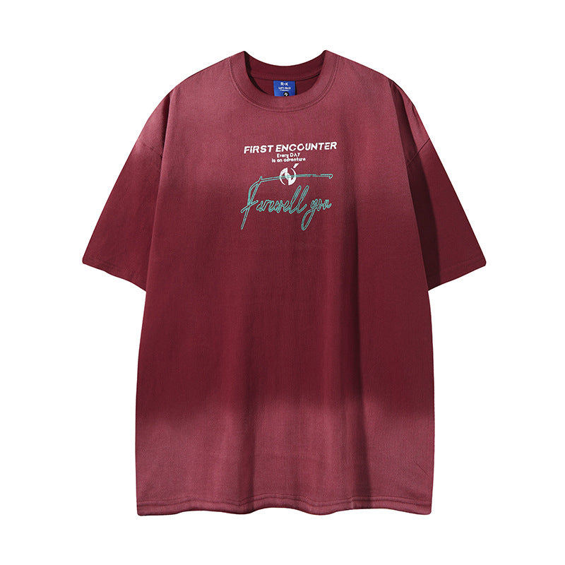 Camisas Retros Vintage Printed Alphabet Washed Old Short Sleeve T-Shirt