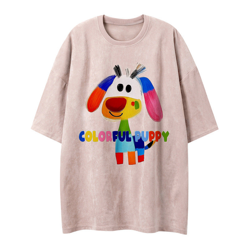 US drip outfits Summer Vintage Color Doodle Puppy Casual Loose Short Sleeve T-Shirts