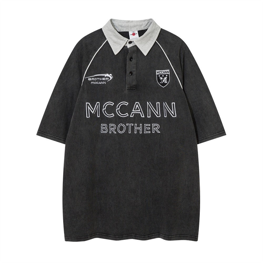 Racing oversized t shirt short-sleeved polo shirt summer embroidered letters washed old lapel T-shirt