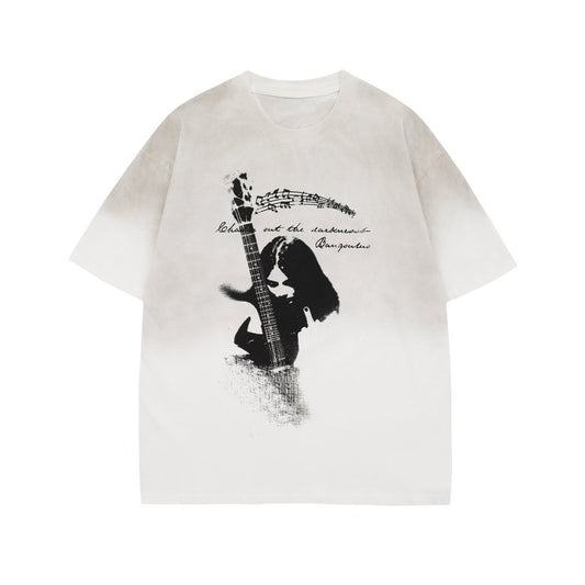 US drip outfits summer retro gradual change guitar casual loose short sleeve T-Shirts