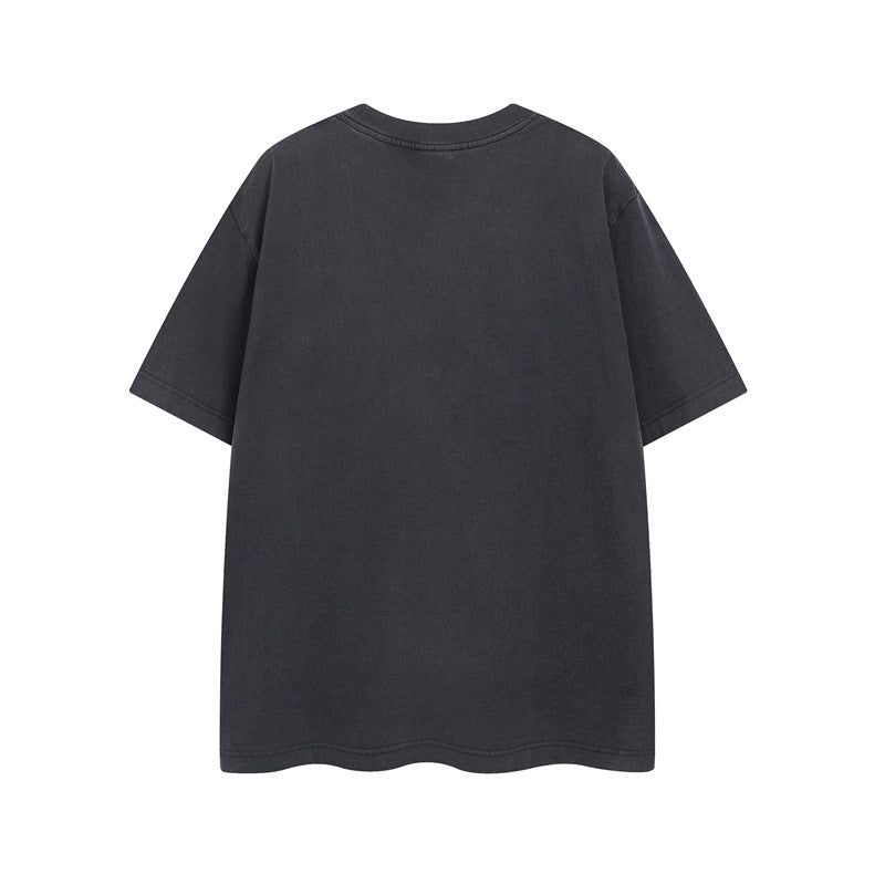 Y2K mens shirt washed portrait letter pattern T-shirt men's short sleeves casual loose