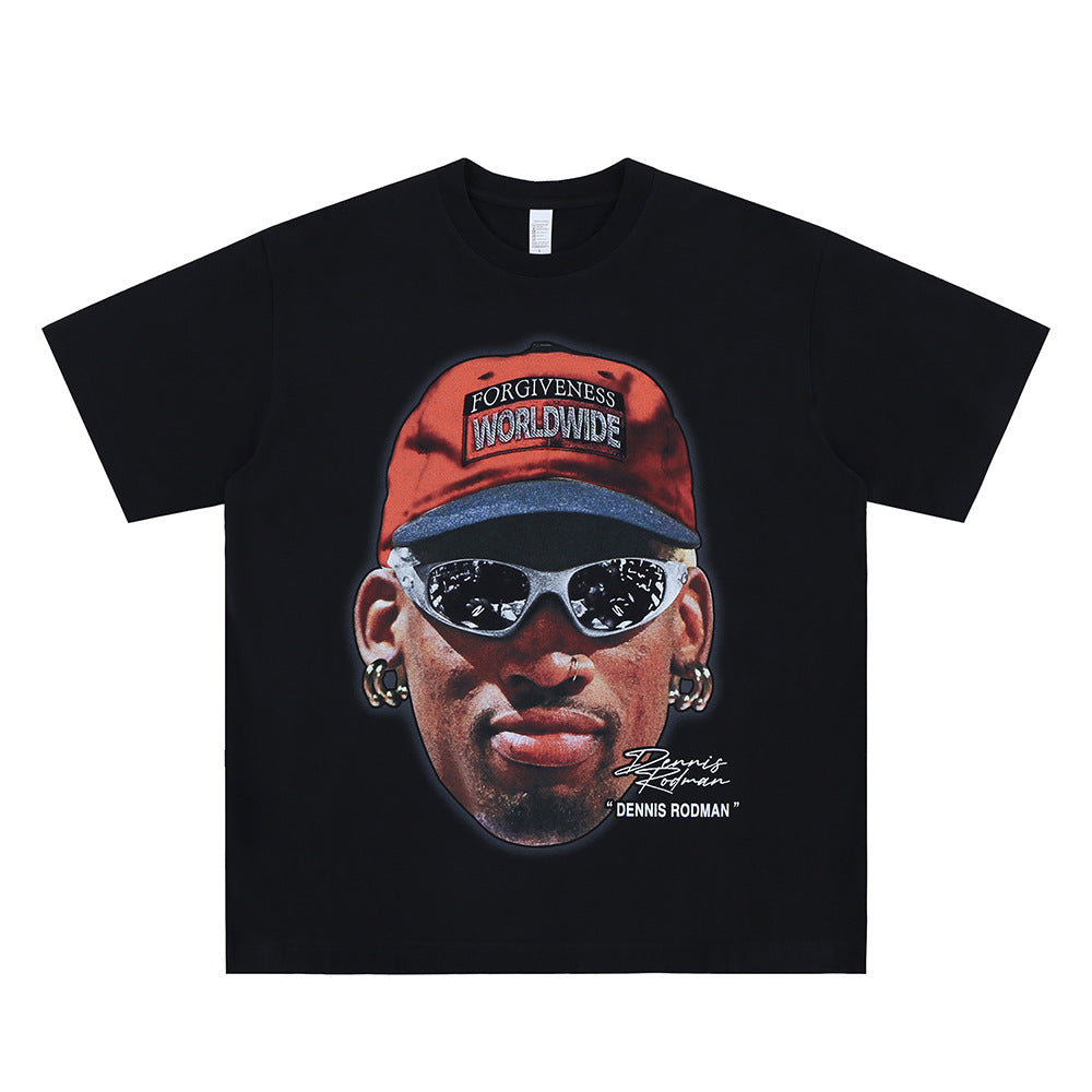 Vic Streetwear Summer Portrait Print Crew Neck Short Sleeve T-Shirt