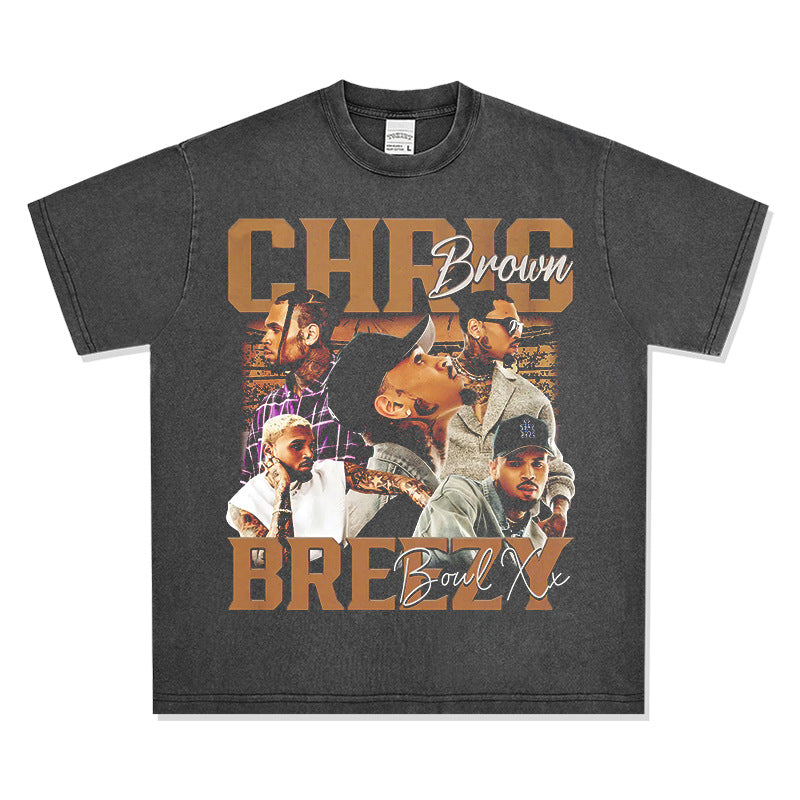 Streetwear masculino vintage hip hop Chris Brown print short-sleeved t-shirt