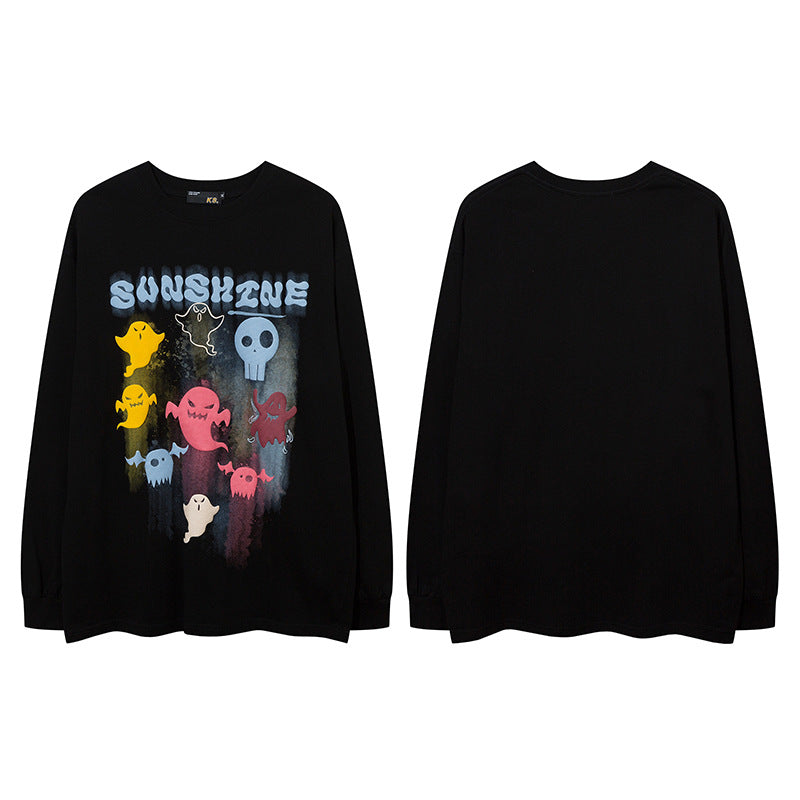 Vintage T Shirts Hip Hop Cartoon Foam Print Long Sleeve T-Shirt