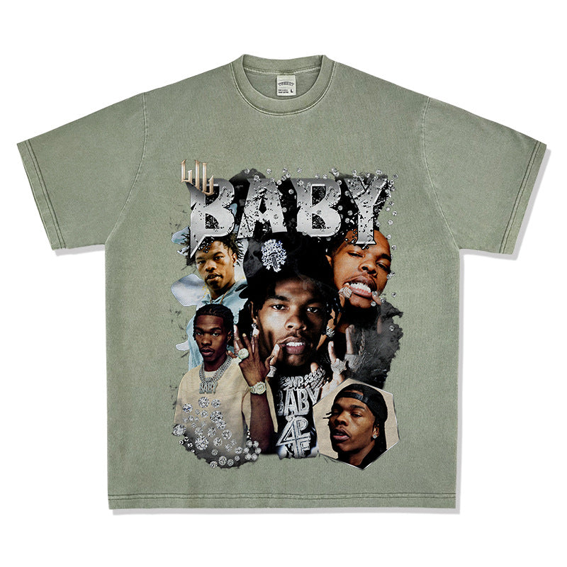 Cool t rapper retro hip hop Lil Baby print short sleeve t-shirt loose crew neck