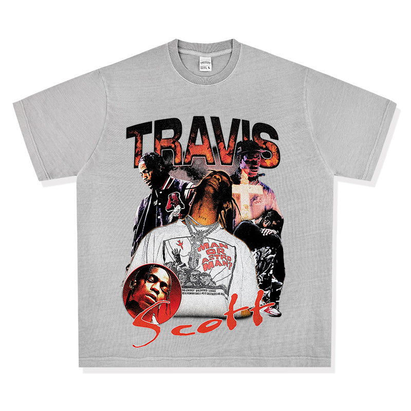 Streetwear masculino TRAVIS SCOTT character print short sleeve VINTAGE hip hop rap t-shirt