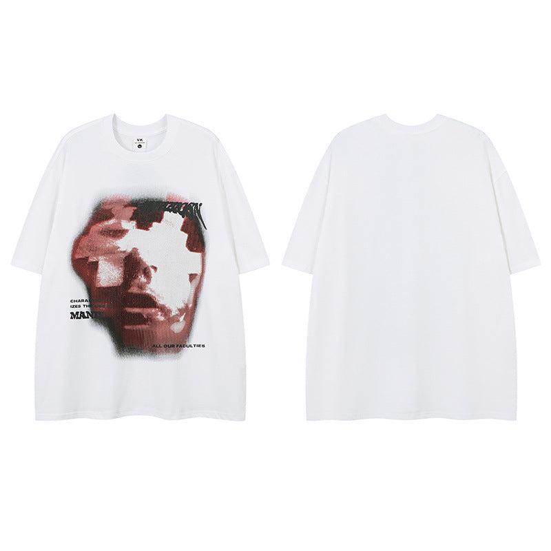 US drip outfits Summer Vintage Blur Portrait Casual Loose Short Sleeve T-Shirts
