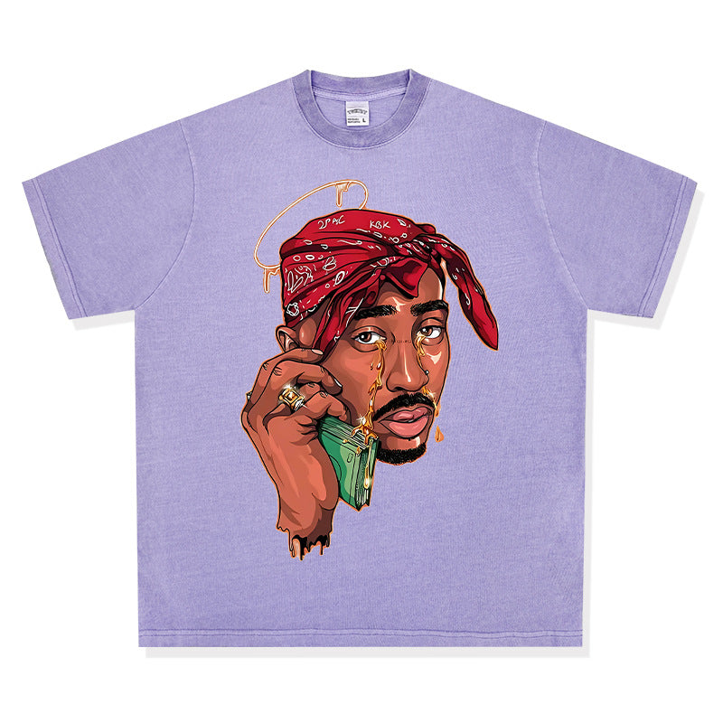 Streetwear masculino vintage hip hop tupac print short sleeve t-shirt
