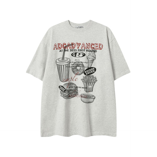 Hustle vintage summer vintage burger fries print short sleeve t-shirt