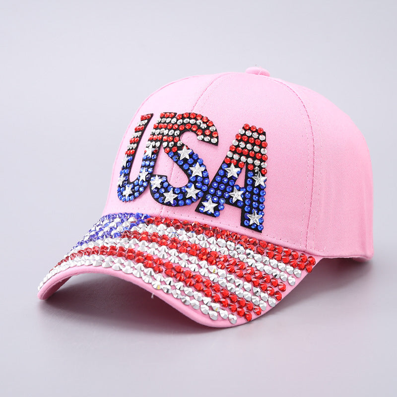 Vintage Usa Cap Baseball Cap Men's and Women's Rhinestone Curved Eaves