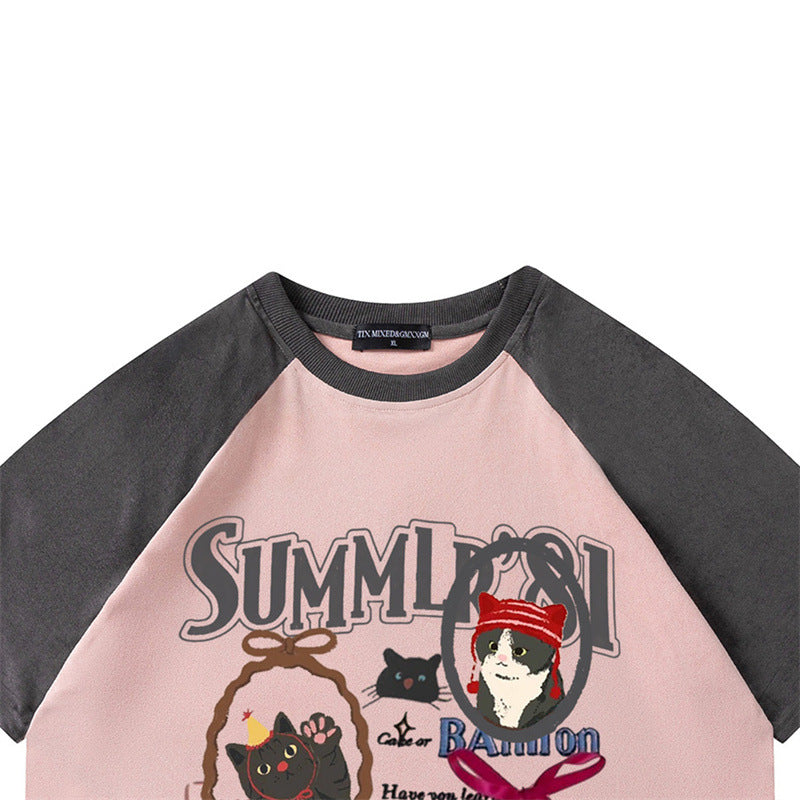 US drip outfits summer vintage alphabet pussy print casual loose short sleeve T-Shirts
