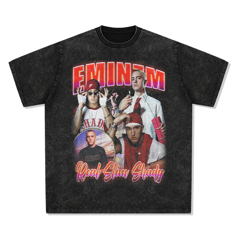 Cool t rapper Eminem Printed Hip Hop Short Sleeve Vintage Wash T-Shirt