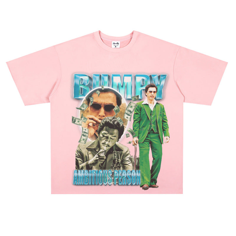 Film Star T Shirt Loose Heavy Retro Street Cotton Small Neckline T-shirt for Men and Women