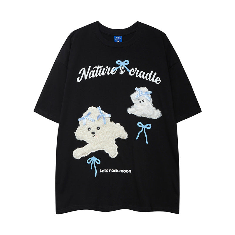 Nostalgia T Shirts Dog Flocking Embroidery Short Sleeve T-Shirt Bow Loose Top