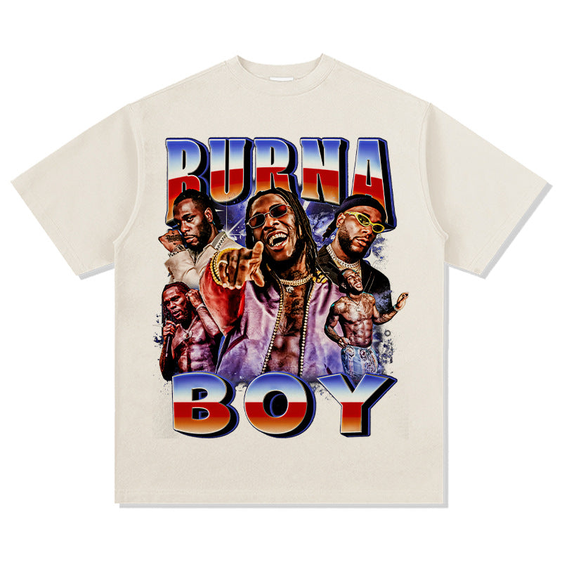 Streetwear masculino vintage hip hop Burna Boy print short sleeve t-shirt