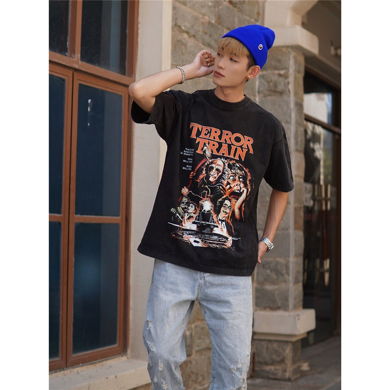 Film Star T Shirt Horror Movie Death Train Pure Cotton Loose Nostalgic Short Sleeve Trendy T-shirt Men and Women