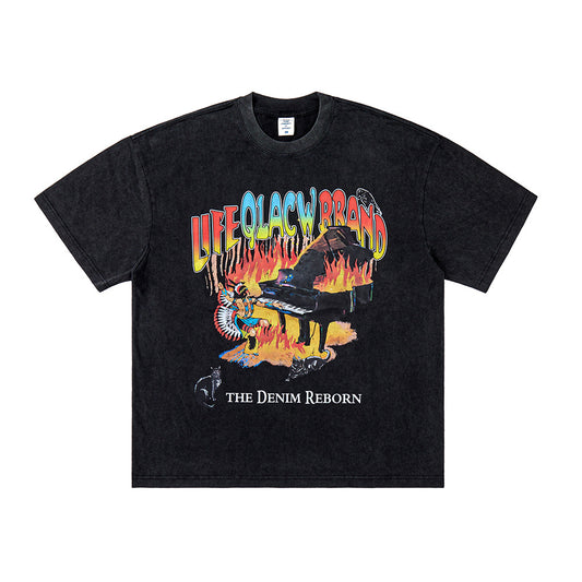 Vic Streetwear Summer Piano Print Washed Short Sleeve T-Shirt