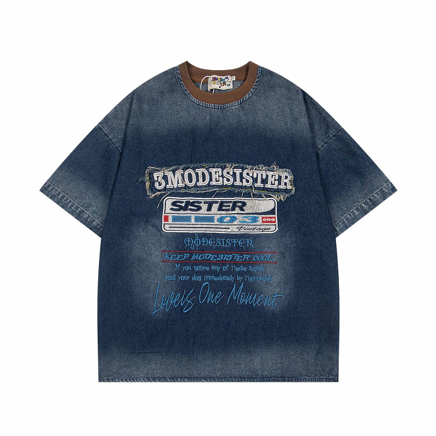 Hip Hop Clothing Retro tee Embroidery Washed Denim Short Sleeve T-Shirt