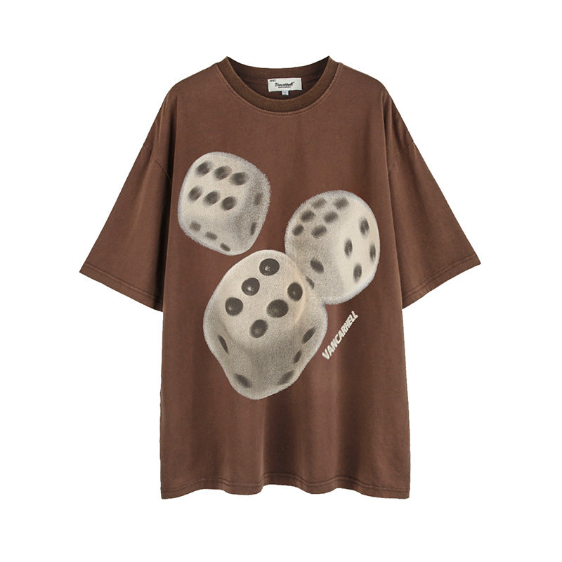Vintage T Shirts Hip Hop Vintage Washed Dice Print Short Sleeve T-Shirt