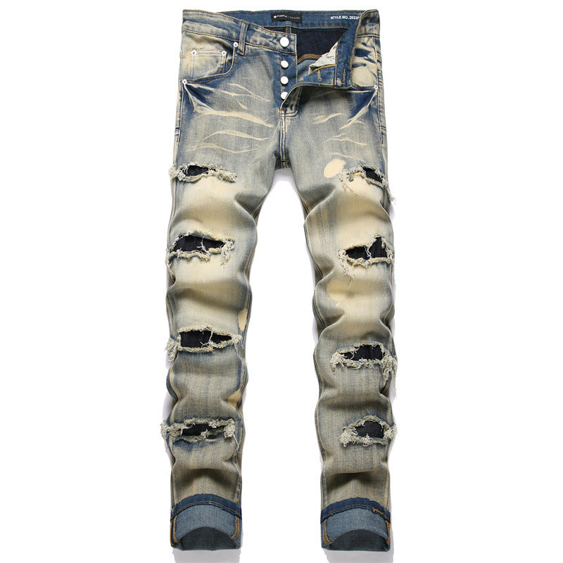 1990 Fashion Jeans Retro Blue Ripped Small Straight Jeans