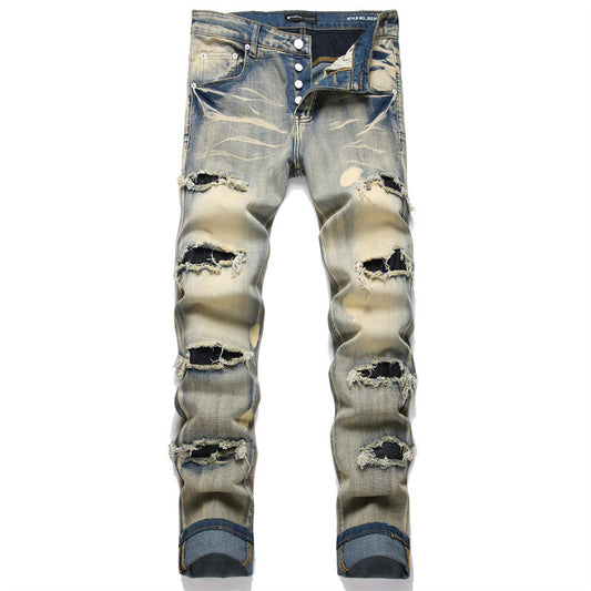 1990 Fashion Jeans Retro Blue Ripped Small Straight Jeans
