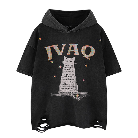 Distorted vintage hooded short-sleeved t-shirt summer loose ripped top