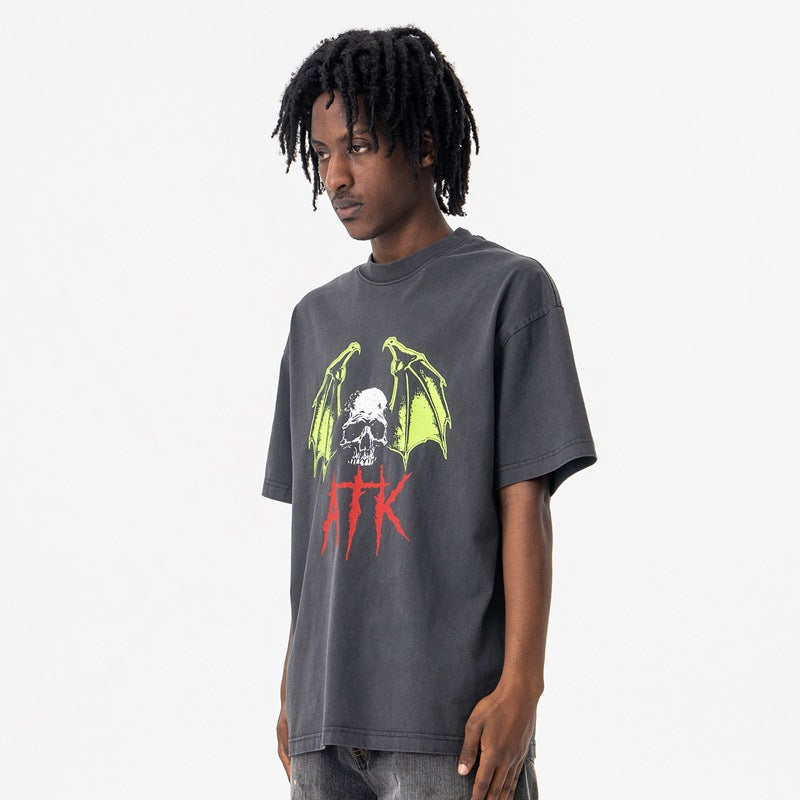 Vintage College Shirts Summer Demon Skull Letter Crew Neck Short Sleeve T-Shirt