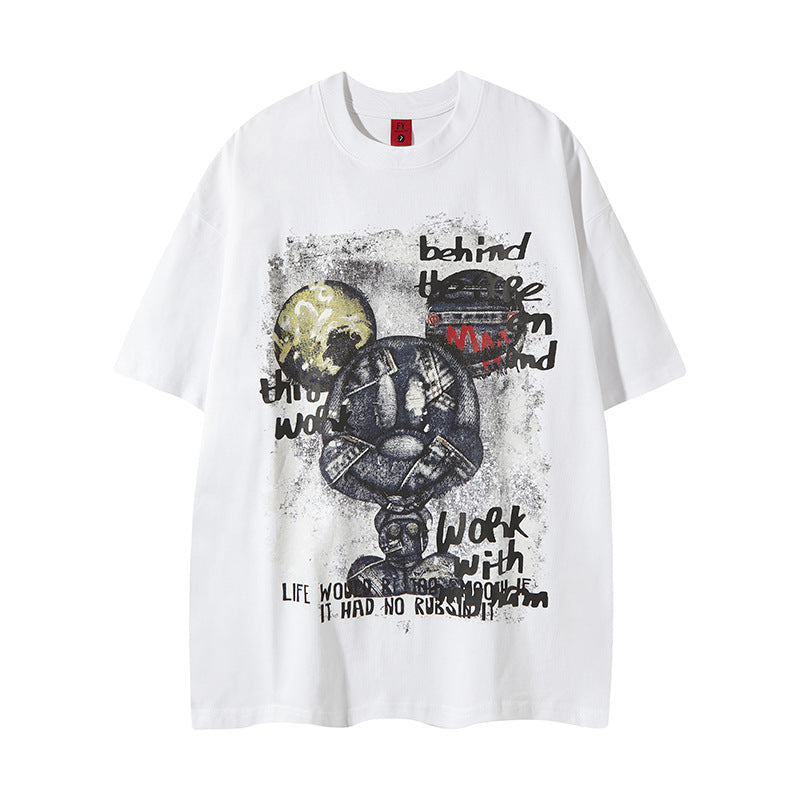 Hip Hop Clothes New York Vintage Washed Old Alphabet Embroidery Short Sleeve Loose Hip Hop T-Shirt