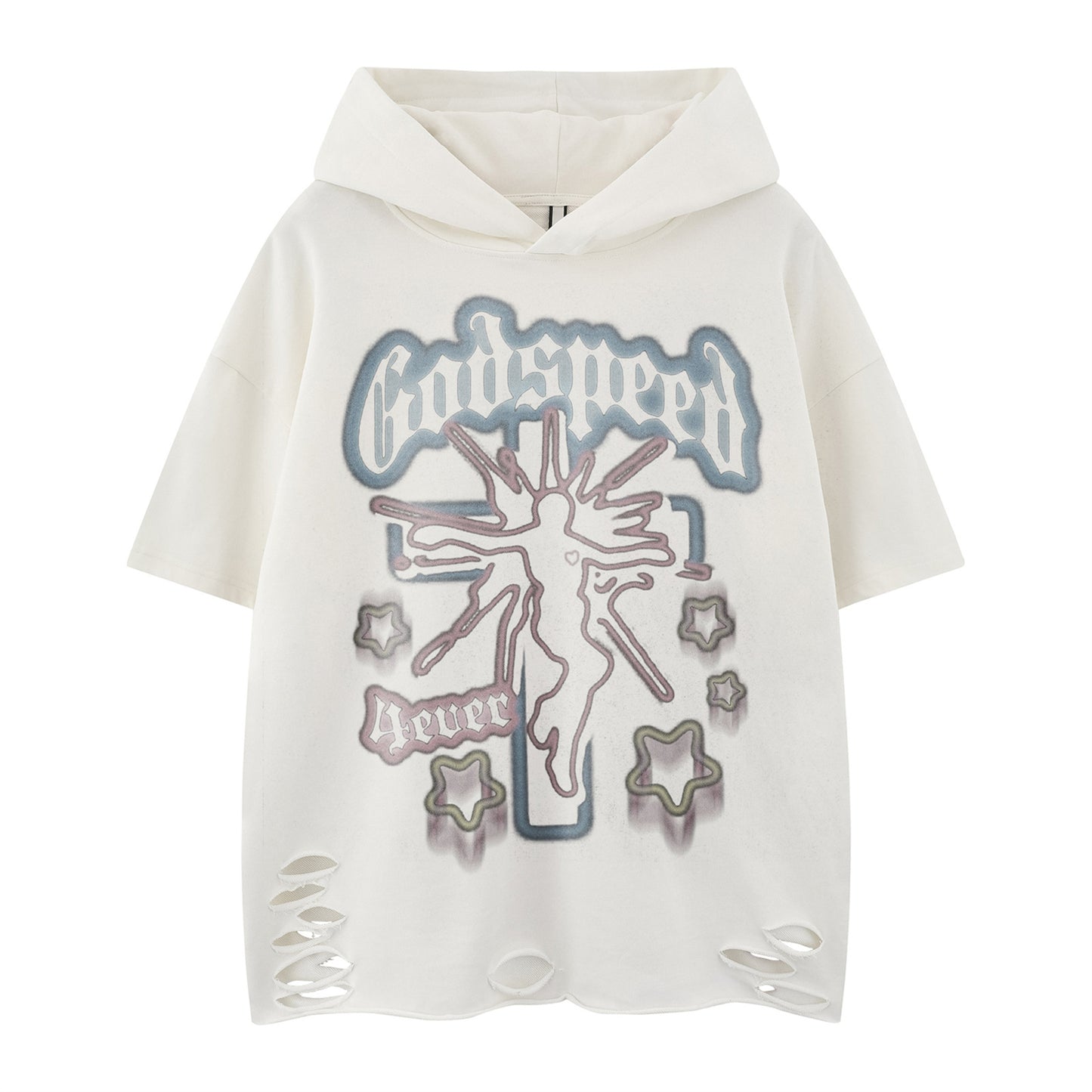 Distorted vintage made old hooded t-shirt loose short sleeve top summer