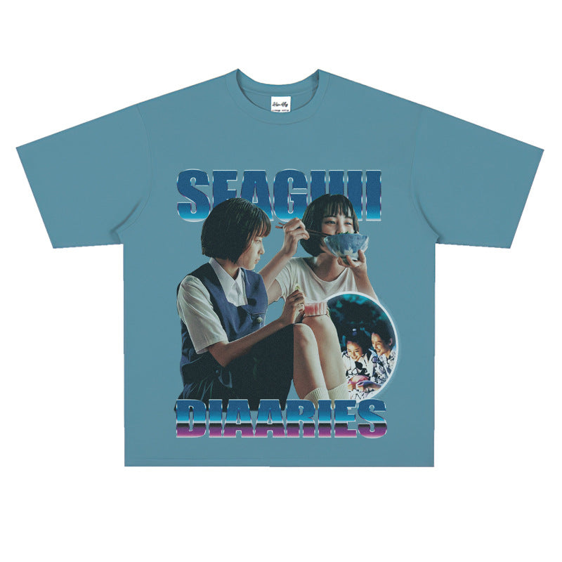 Film Star T Shirt Sea Street Diary Loose Retro Street Pure Cotton American T-shirt Men and Women