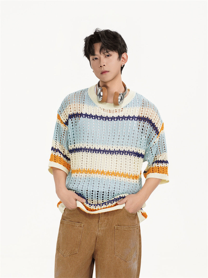 Camisas Retros Striped Contrast Crew Neck Knitted Short Sleeve T-Shirt